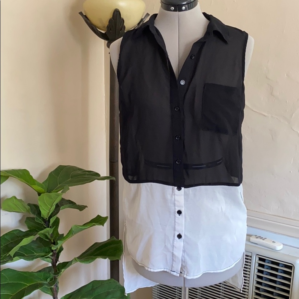 Vintage Forever 21 Chiffon Color Block High Low Sheer Button Down Top Small S
